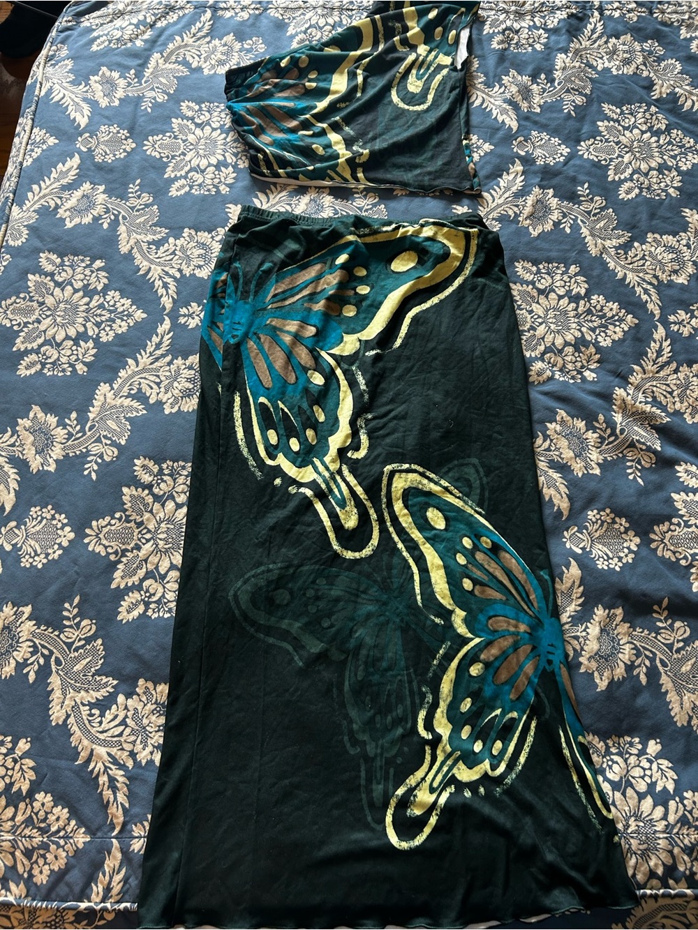 Black Butterfly-Print Maxi Skirt and Top- Women